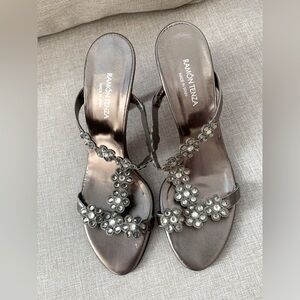 Ramon Tenza Sandals: Pewter Leather Straps, Rhinestones/Silver Chains, Heel, 9.5